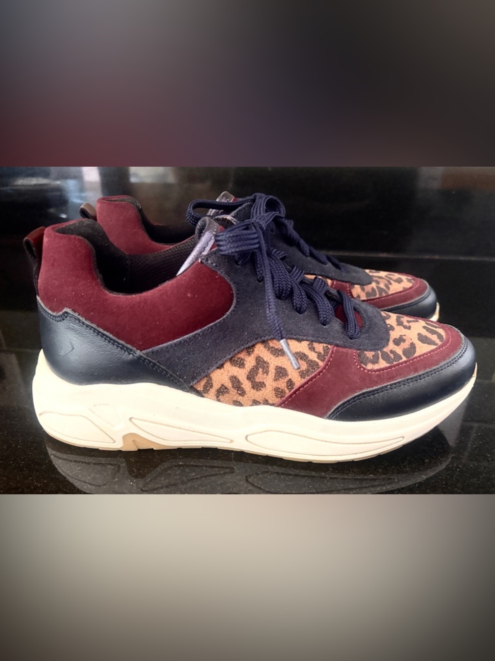 Boden Women’s Suede & Leather with Leopard Print Sneaker Trainer- Navy+Burgundy
